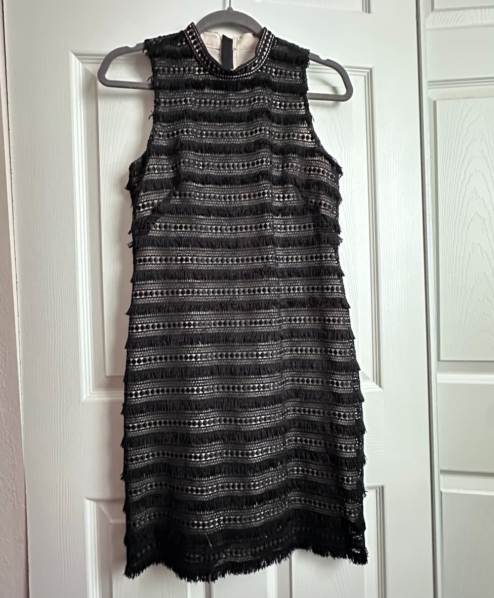 J Crew Size 0 Black Sleeveless High Neck Crochet Lace Fringe Sheath Dress